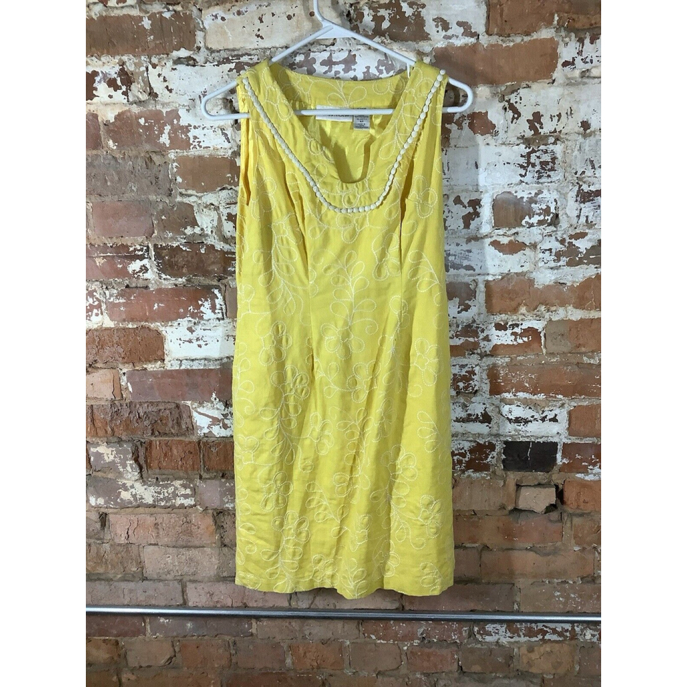 Chadwick’s Women's 4P Yellow Embroidered Floral Lined Shift Dress Linen Blend